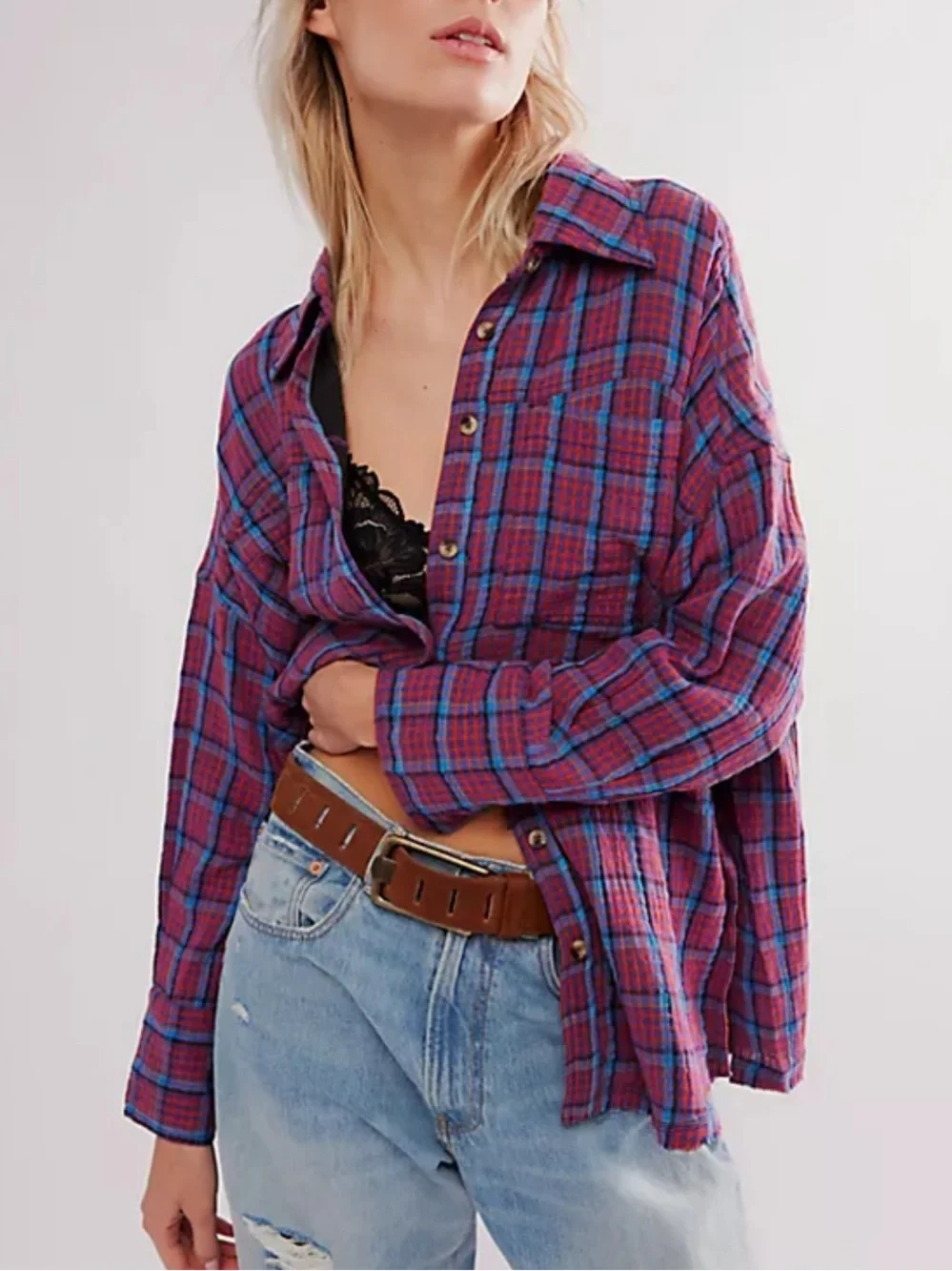 Free People We The Free Cardiff Plaid Button Down Shirt Size Medium